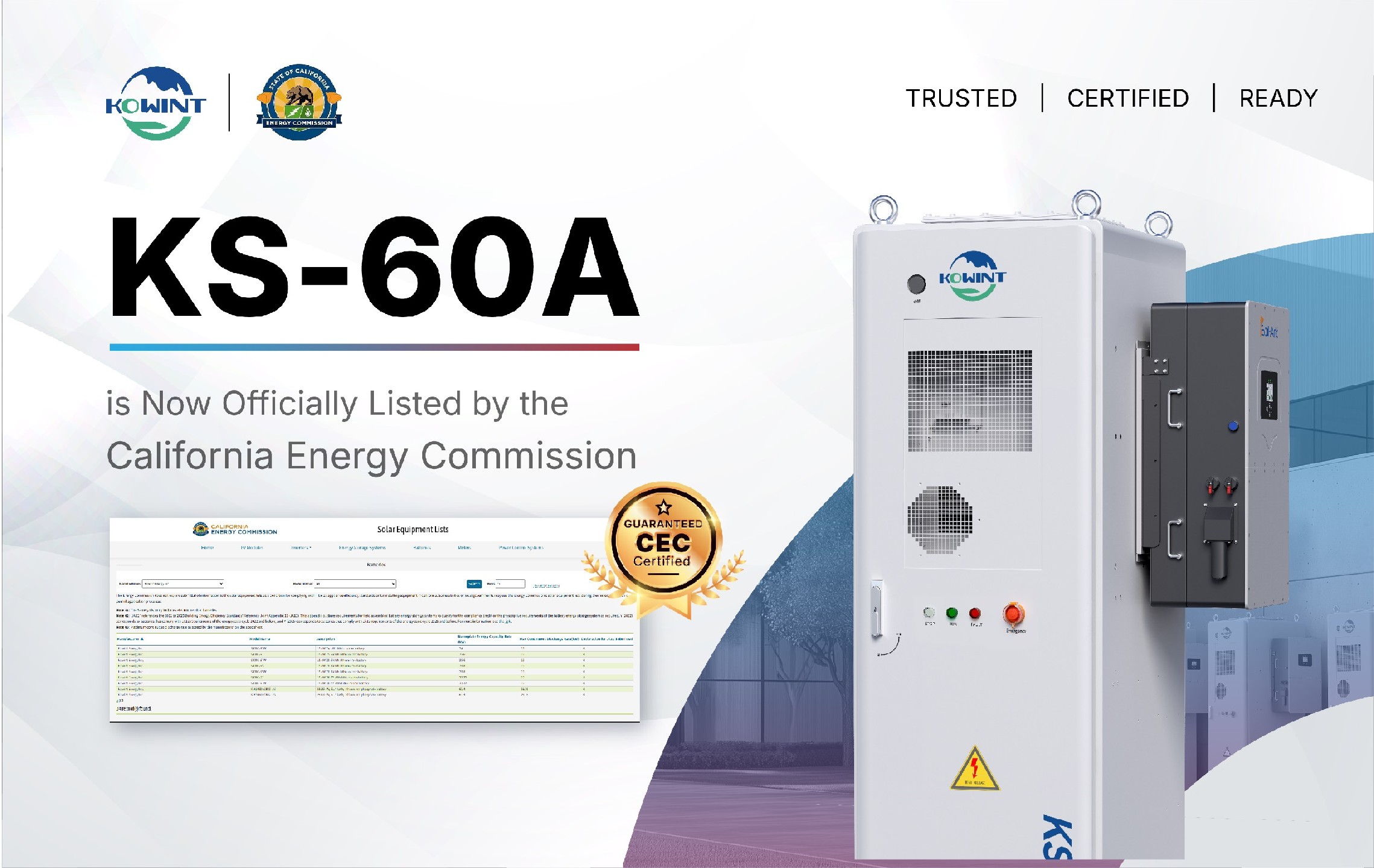 KS-60A Battery Storage System Now CEC Listed in California