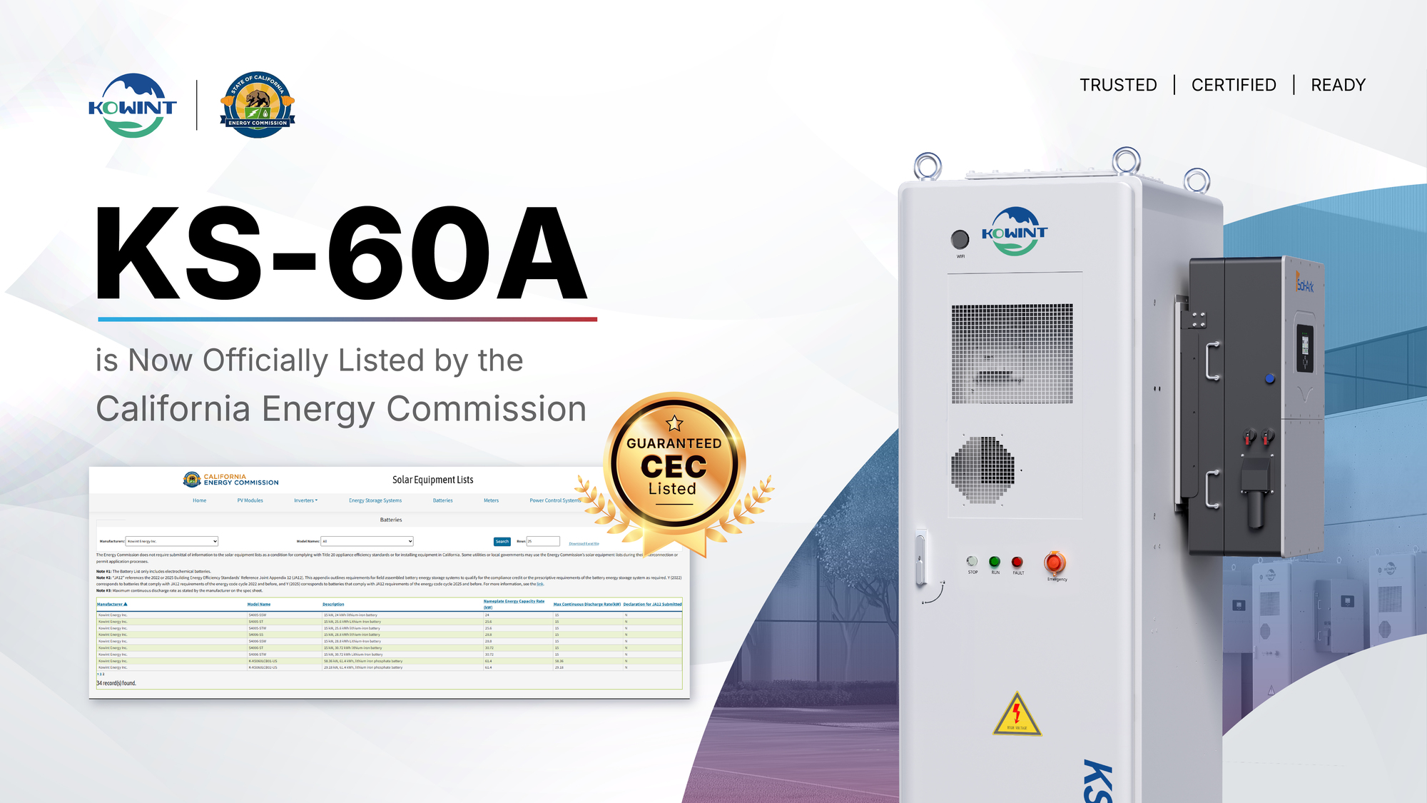 KS-60A commercial battery storage system is now listed by the California Energy Commission