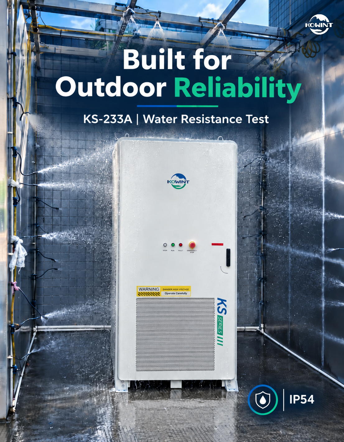 KS-233A energy storage cabinet undergoing water spray testing in Kowint's internal testing area